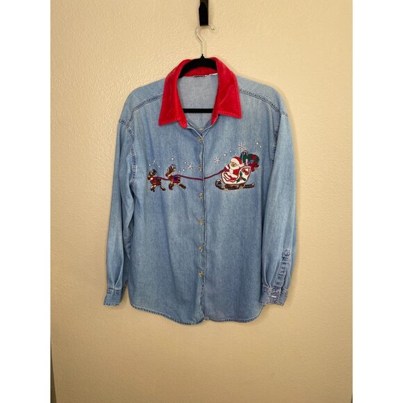Vintage Button-Front Denim Christmas Shirt Women’s Santa Reindeer Embroidery - Picture 1 of 5
